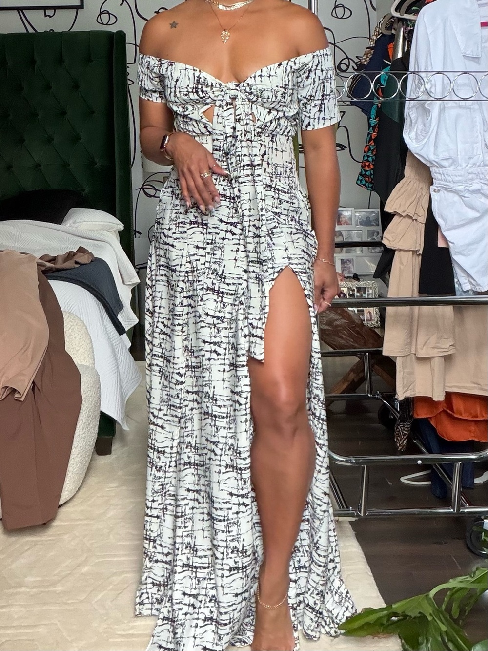 Off-Shoulder Black & White Printed Maxi Dress with Front Tie